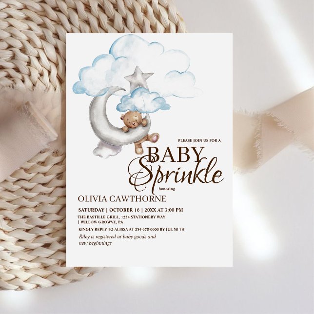 Invitation Boho Teddy Bear Garçon Bleu Bébé Baby shower d'arr (Créateur téléchargé)