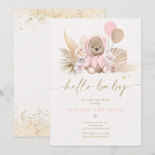 Invitation Boho Teddy Bear Girl Rose Bearly Wait Baby shower