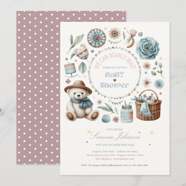 Invitation Boho Teddy Bear Pique-Nique Baby shower Thème Unis (Devant / Derrière)