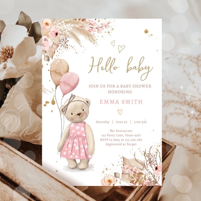 Invitation Boho Teddy Bear Pique-nique Girl Baby shower rose  (Créateur téléchargé)