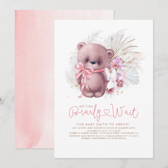 Invitation Boho Teddy Bear rose Bearly Wait Girl Baby shower (Devant / Derrière)