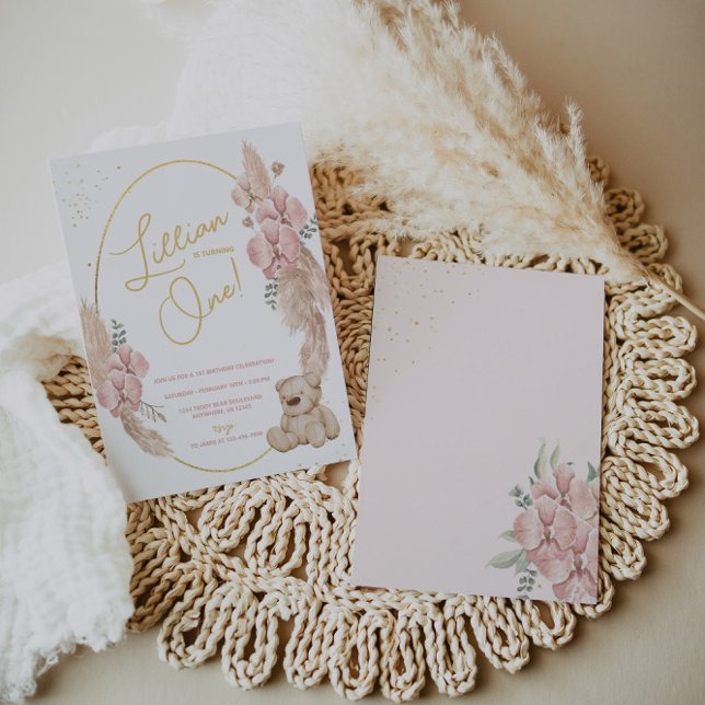 Invitation Boho Teddy Bear rose et or Anniversaire (Créateur téléchargé)