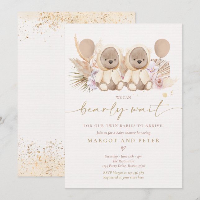 Invitation Boho Teddy Bear Sexe Baby shower jumeau neutre (Devant / Derrière)