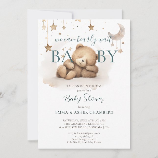 Invitation Boho Teddy Bear Stars Lune Baby shower (Devant)