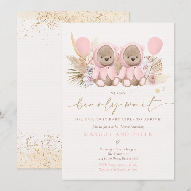 Invitation Boho Teddy Bear Twin Girls Bearly Wait Baby shower (Devant / Derrière)
