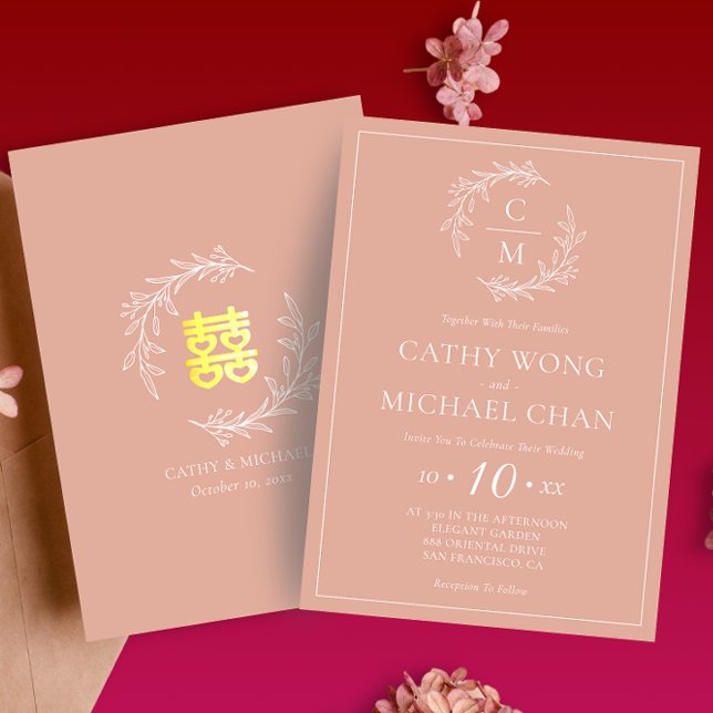 Invitation Boho teintée feuille rose wreath moderne mariage c (Créateur téléchargé)