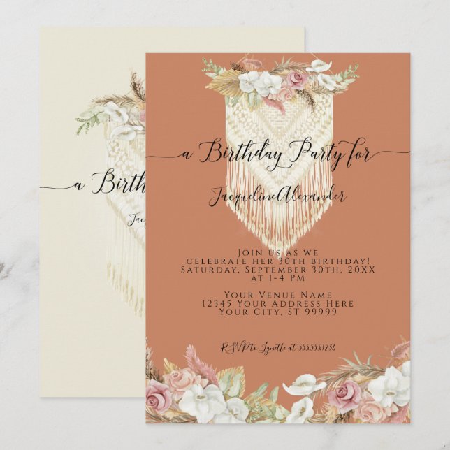Invitation Boho Terra Cotta Tropical Floral Pampas Anniversai (Devant / Derrière)