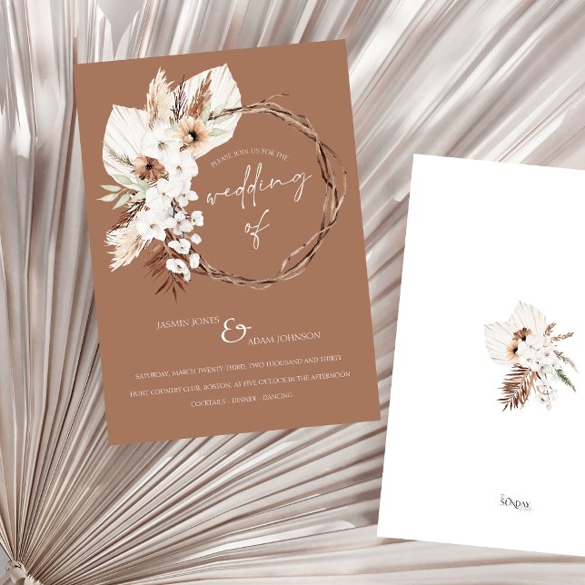 Invitation Boho Terracotta Brown séché fleuri Mariage (Boho Terracotta Brown Dried Floral Wreath Wedding Invitation)