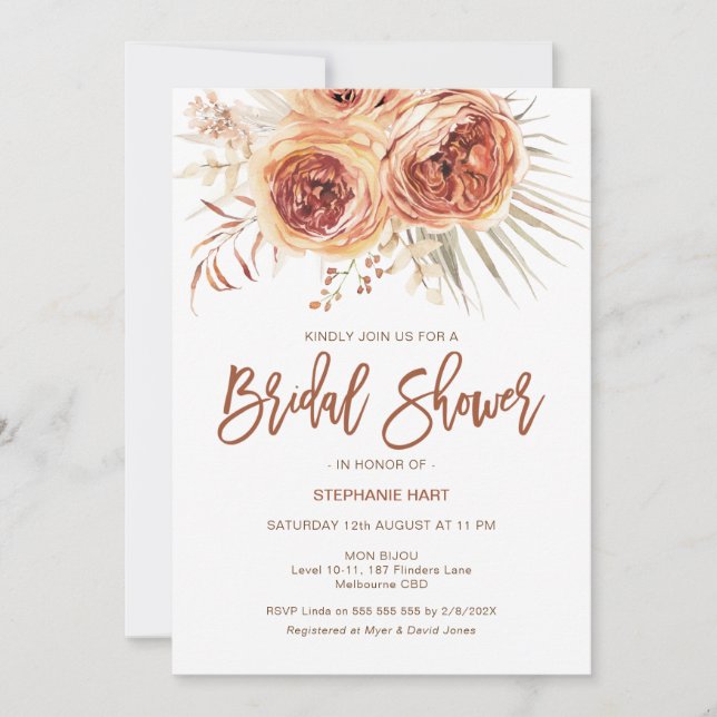 Invitation Boho Terracotta Brûlé Orange Fête des mariées Flor (Devant)