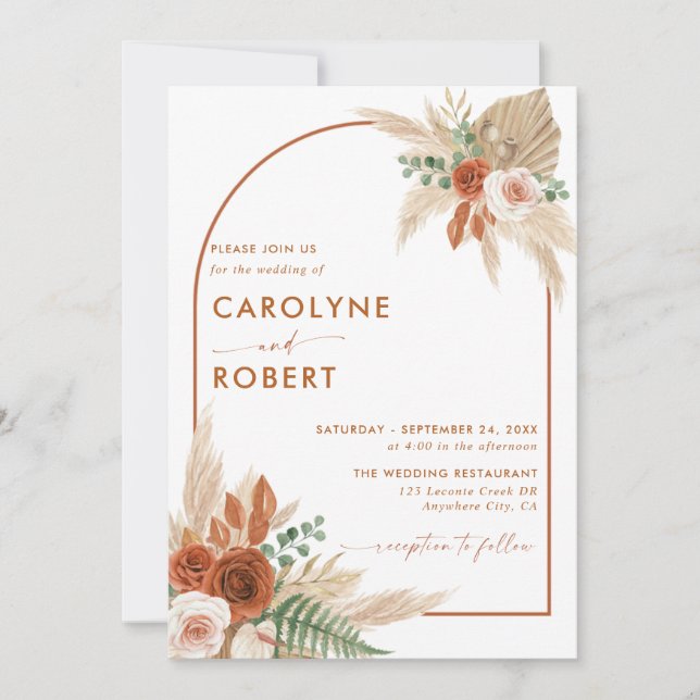 Invitation Boho Terracotta et Pampas Grass Mariage (Devant)