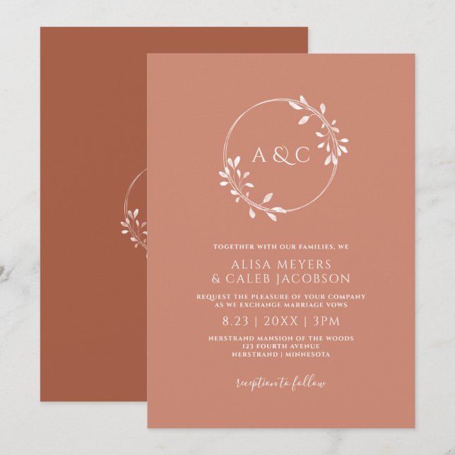 Invitation Boho Terracotta et rouille Mariage simple couronne (Devant / Derrière)
