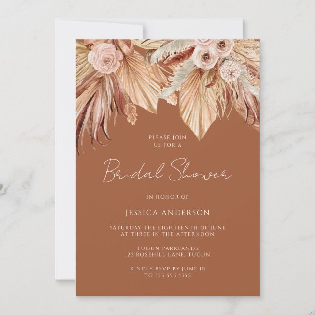 Invitation Boho Terracotta Fête des mariées florale séchée (Devant)