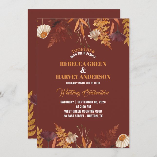Invitation Boho Terracotta Fleur sauvage Mariage de automne d (Devant / Derrière)