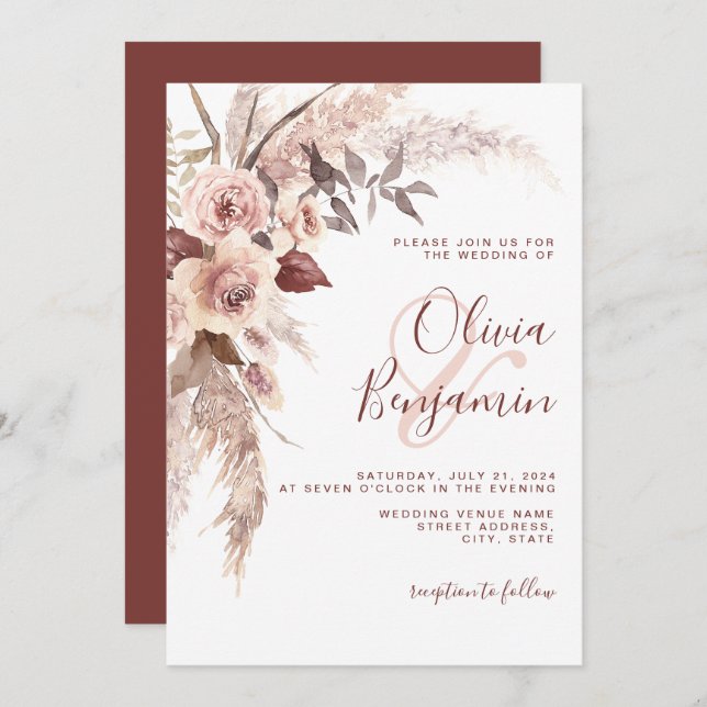 Invitation Boho Terracotta Floral Champagne Neutral Mariage (Devant / Derrière)