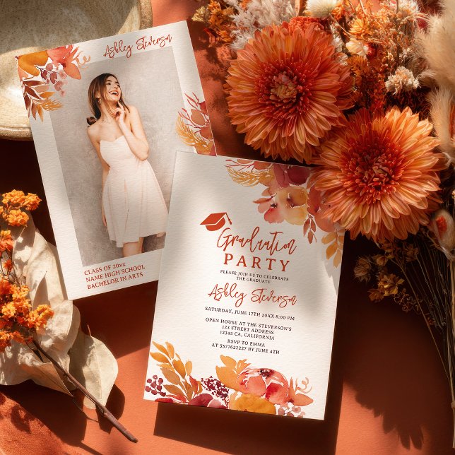 Invitation Boho Terracotta Floral Graduation Script Photo (Boho Terracotta Floral Graduation Script Photo Invitation)