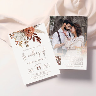 Invitation Boho Terracotta Florals Photo QR Code Mariage