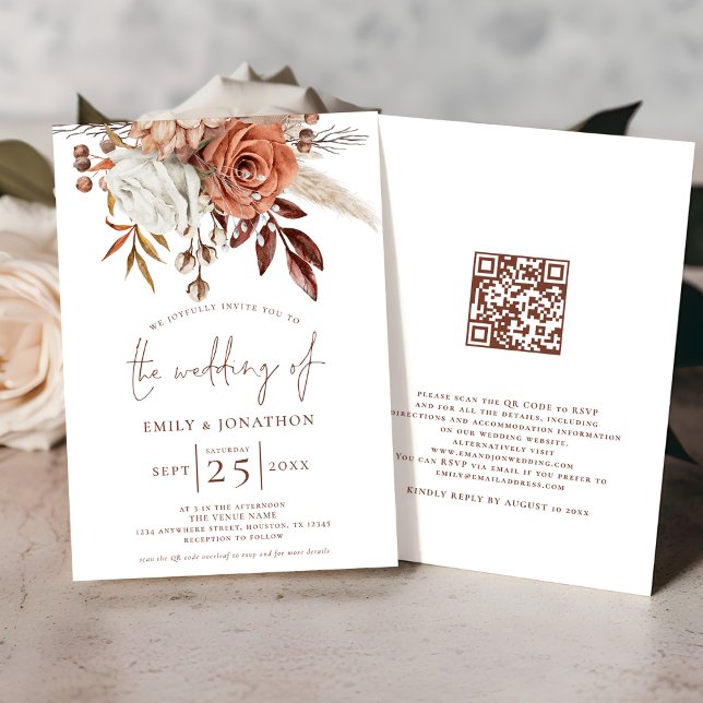 Invitation Boho Terracotta Florals QR Code Mariage (Front and back view)