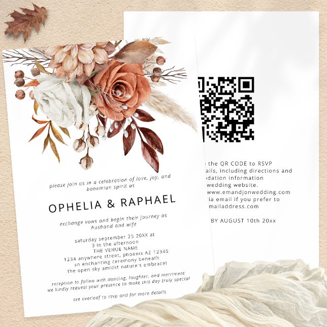 Invitation Boho Terracotta Florals QR Code Mariage bohémien (Front and Back View)