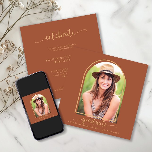 Invitation Boho Terracotta Gold Arch Photo Graduation (Boho Terracotta Gold Arch Photo Graduation Square Invitation Announcement with Instant Download)
