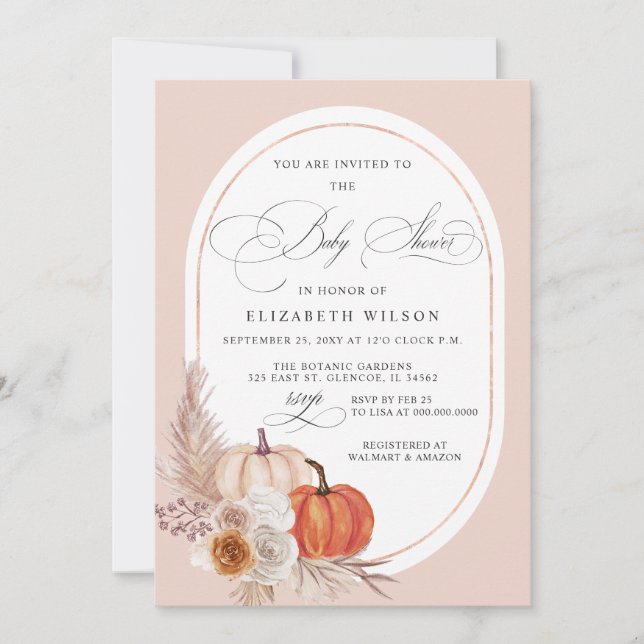 Invitation Boho Terracotta Pampas Citrouilles Baby shower d'a (Devant)