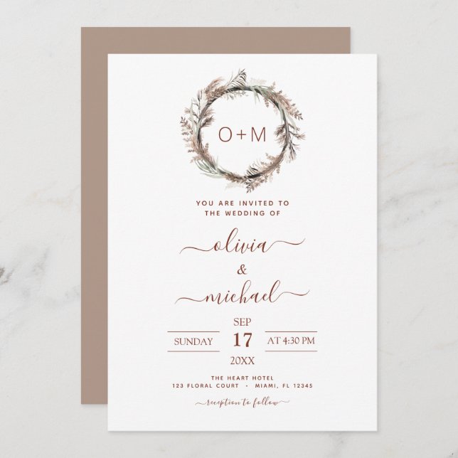 Invitation Boho Terracotta Pampas Grass Monogramme Mariage In (Devant / Derrière)