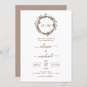 Invitation Boho Terracotta Pampas Grass Monogramme Mariage In