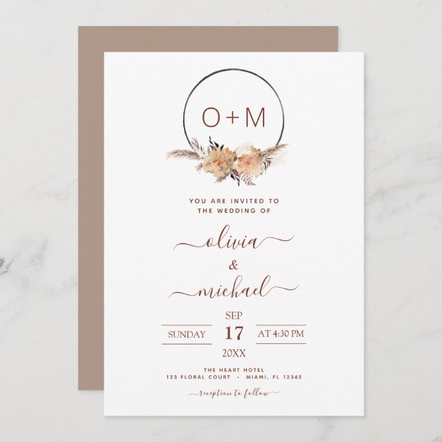Invitation Boho Terracotta Pampas Grass Monogramme Mariage In (Devant / Derrière)