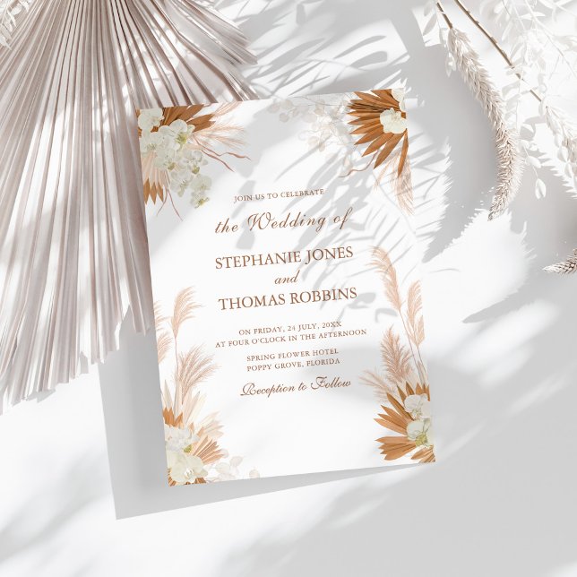 Invitation Boho Terracotta Pampas Grass Orchid Mariage (Boho Terracotta Pampas Grass Orchid Wedding Invitation on a sunny white table.)