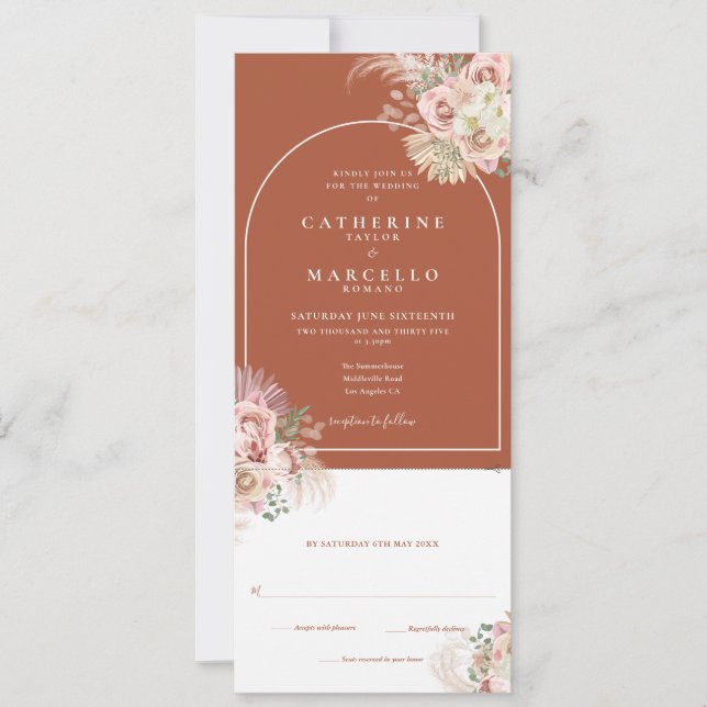 Invitation Boho Terracotta Pampas Grass Tout en un Mariage (Devant)