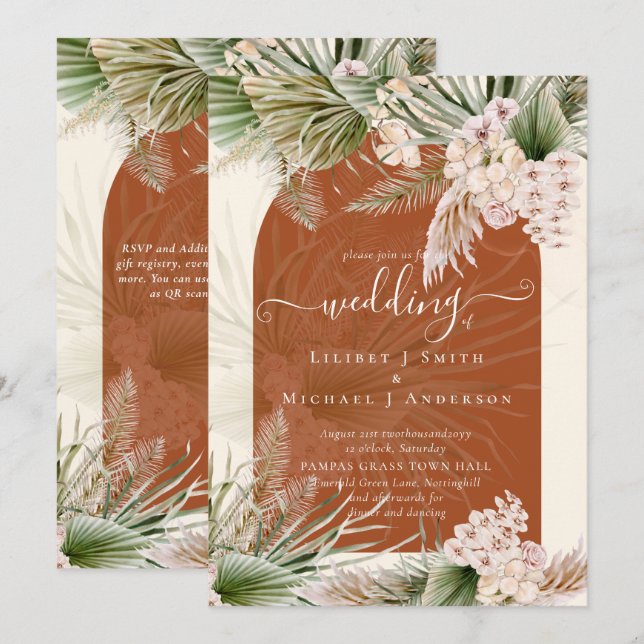 Invitation BOHO Terracotta Peach Pampas Mariage (Devant / Derrière)