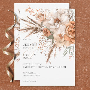 Invitation Boho Terracotta Pêche & Crème Florale Blanc Mariag