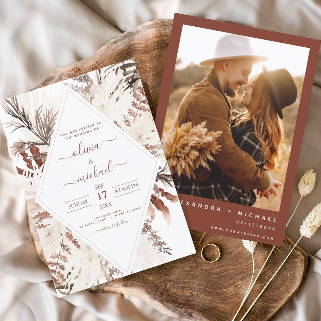 Invitation Boho Terracotta Photo Pampas Grass Mariage (Créateur téléchargé)