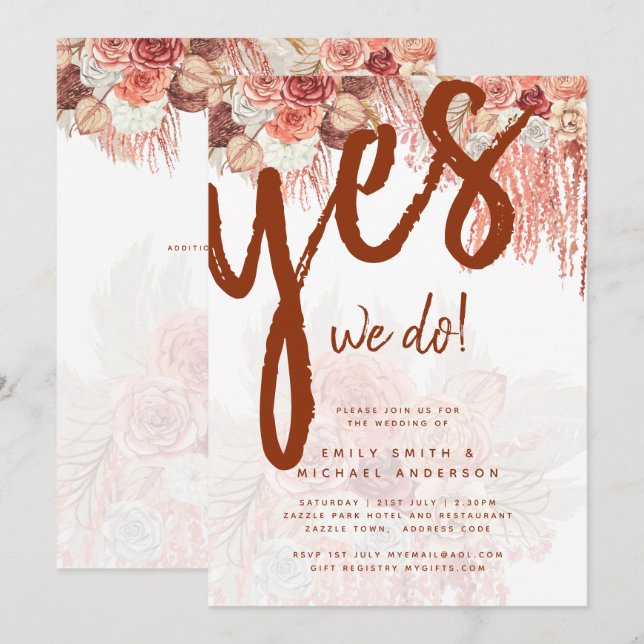 Invitation Boho Terracotta Rose Pampas Grass Mariage Floral (Devant / Derrière)