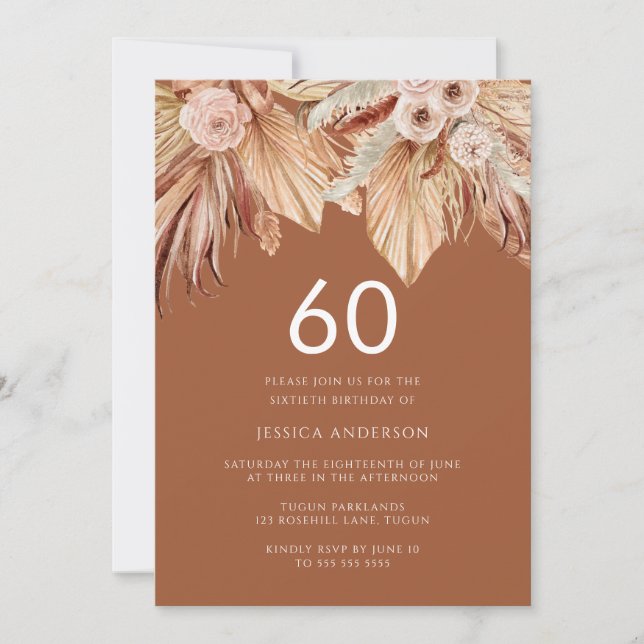 Invitation Boho Terracotta séché Floral 60e fête d'anniversai (Devant)