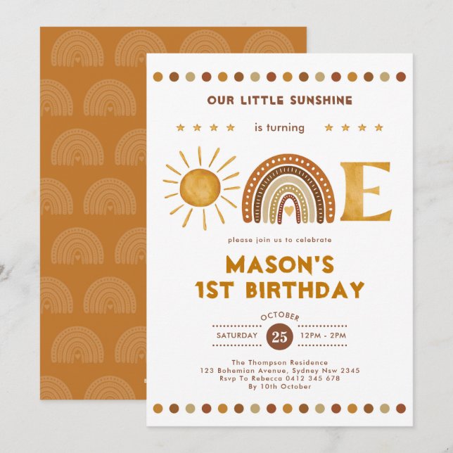 Invitation Boho Terracotta Sunshine Arc-en-ciel 1er anniversa (Devant / Derrière)