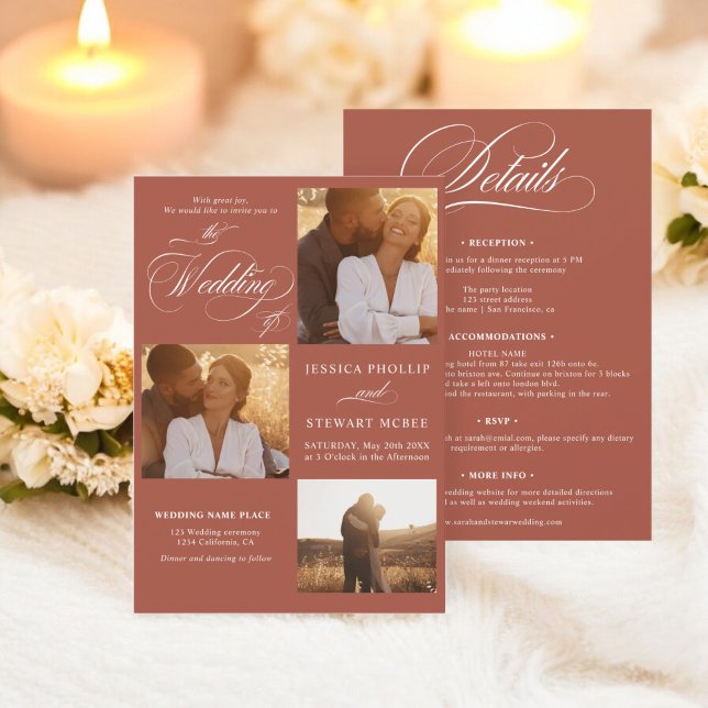 Invitation Boho terracotta tout en un script photos mariage (Boho terracotta all in one script photos wedding invitation)