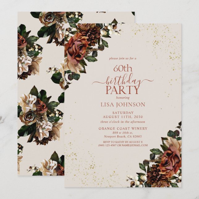 Invitation Boho Terracotta Verdure Floral 60e anniversaire (Devant / Derrière)