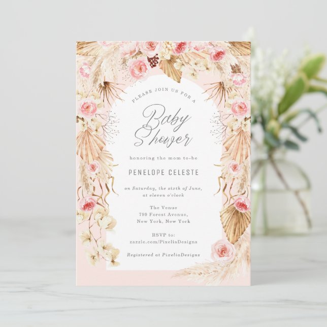 Invitation Boho thème bébé fille douche avec arc rose floral (Debout devant)