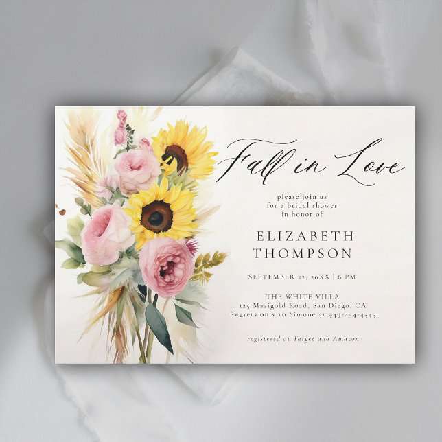 Invitation Boho Tournesol rose Rose Rustique Chic Fête des ma (fall in love bridal shower invitation sunflower rose boho pampas peony watercolor elegant rustic)