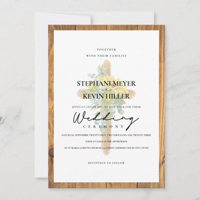 Invitation Boho tournesol Rustique Mariage en bois (Devant)