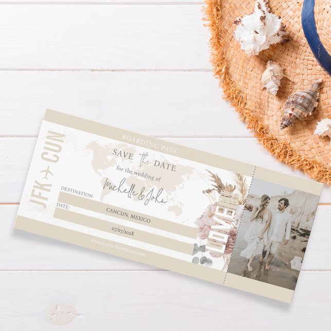 Invitation Boho Travel Boarding Pass Destination Save the Dat (Créateur téléchargé)