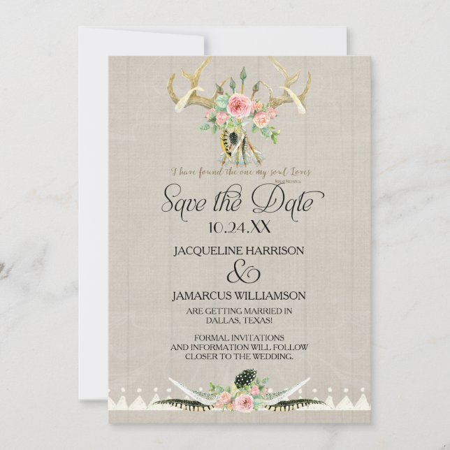 Invitation BOHO Tribal Cerf Bois de cerf Plumes Art Save the  (Devant)