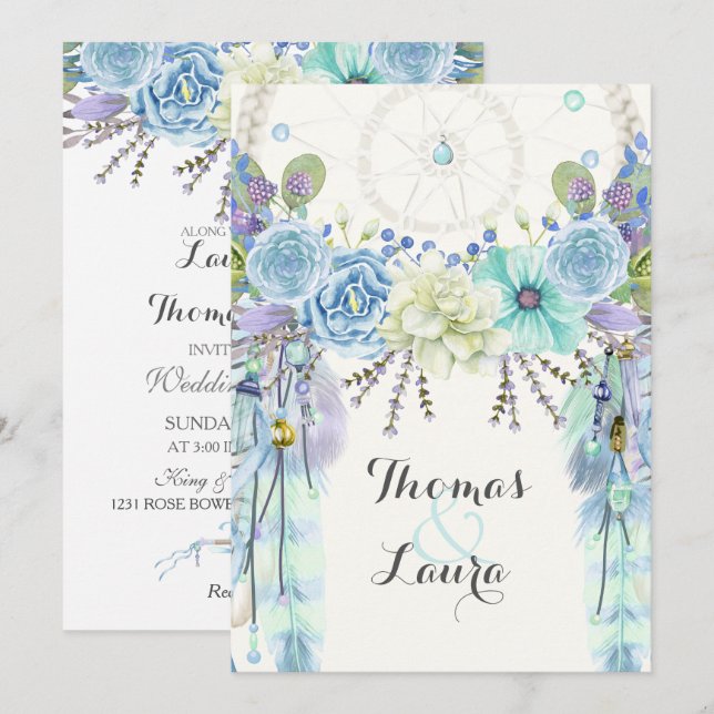 Invitation Boho Tribal Dream Catcher Aquarelle Turquoise (Devant / Derrière)