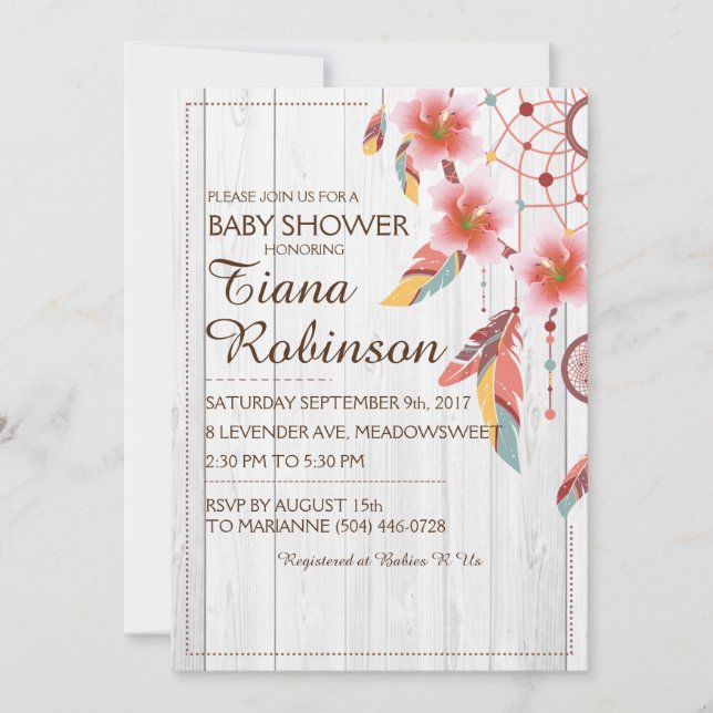 Invitation Boho Tribal Dream Catcher Floral Rose Rustique RSV (Devant)