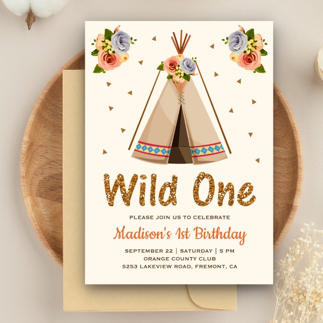 Invitation Boho Tribal Floral Teepee Wild Un premier annivers (Créateur téléchargé)