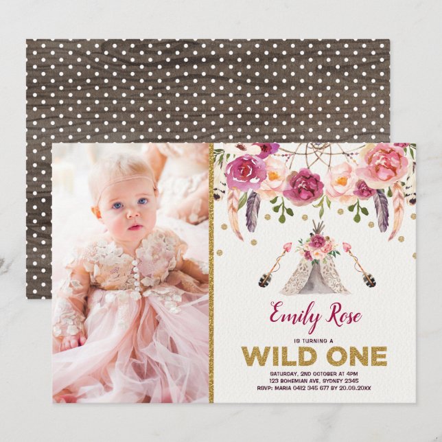 Invitation Boho Tribal Floral Wild Un Rêveur d'Anniversaire (Devant / Derrière)