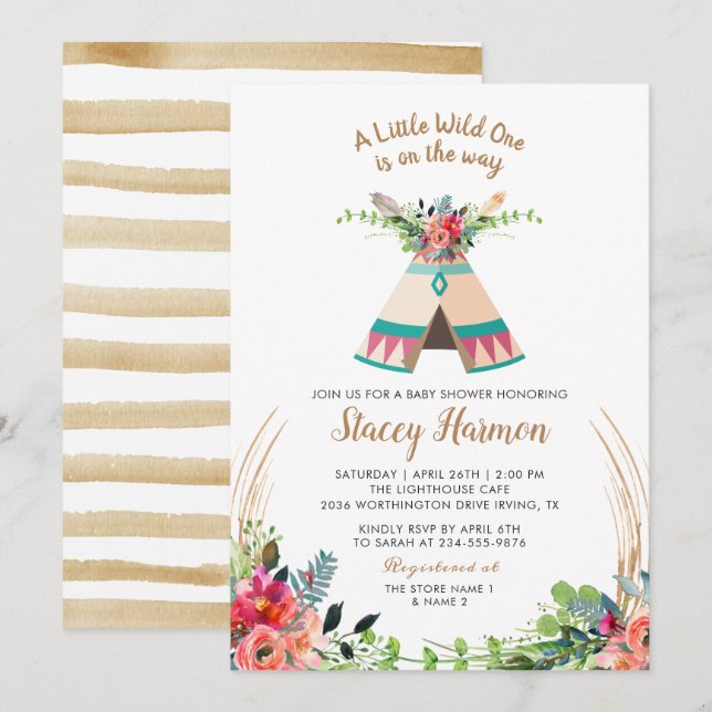 Invitation Boho Tribal Wild One Rustic Floral Baby shower (Devant / Derrière)