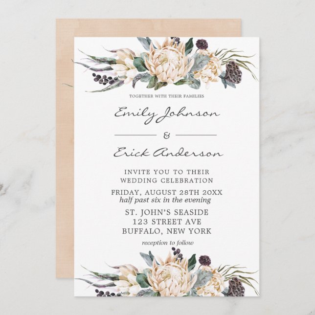 Invitation Boho tropical blanc Protea Mariage floral Invitati (Devant / Derrière)