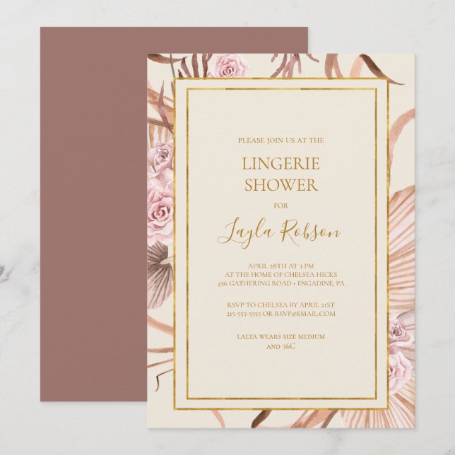 Invitation Boho Tropical Botanical Dusty Rose Lingerie Douche (Devant / Derrière)