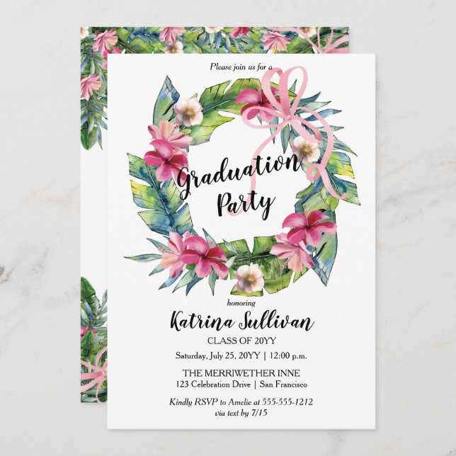 Invitation Boho Tropical Feuilles | Floral Graduation Party (Devant / Derrière)
